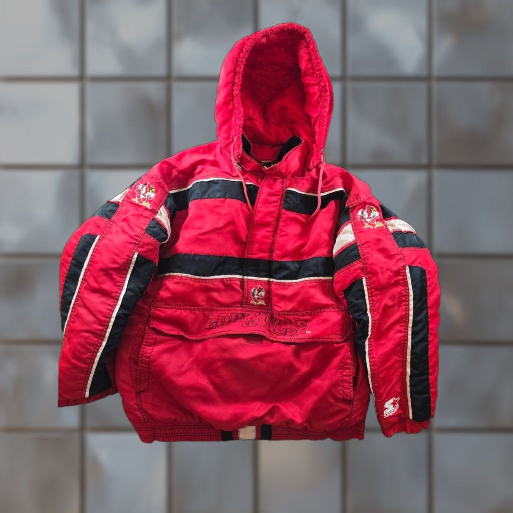 VINTAGE Starter Anorak Jacket Mens XL Red Pullover Pouch Zip Hood Casual Colorful