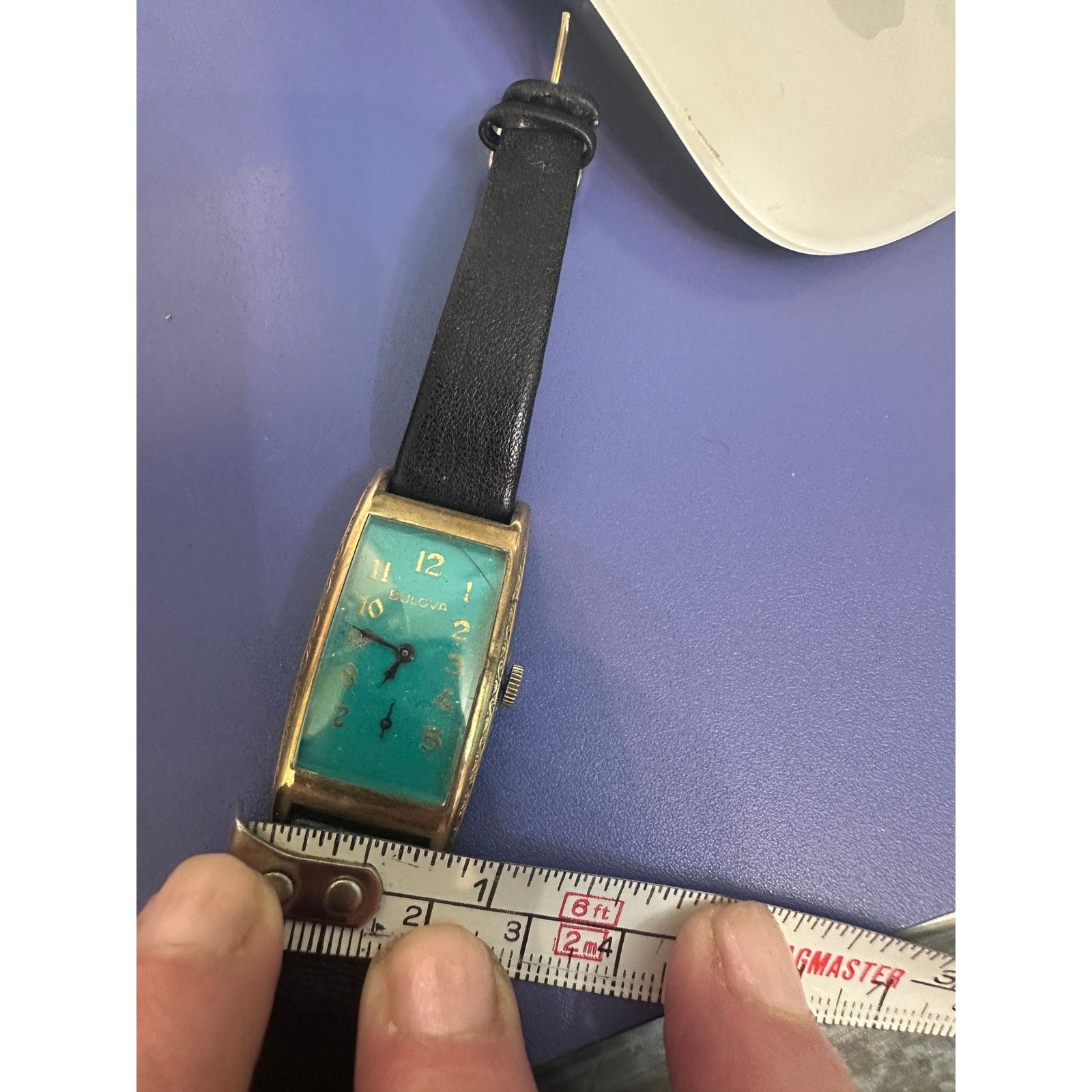 UNIQUE VINTAGE 1930\'s BULOVA TANK WATCH TEAL GREEN BLUE FACE MANUAL WIND WORKS! Stunning Estate Find Spectacular 1940s Bulova Mens Ladies  main image 3