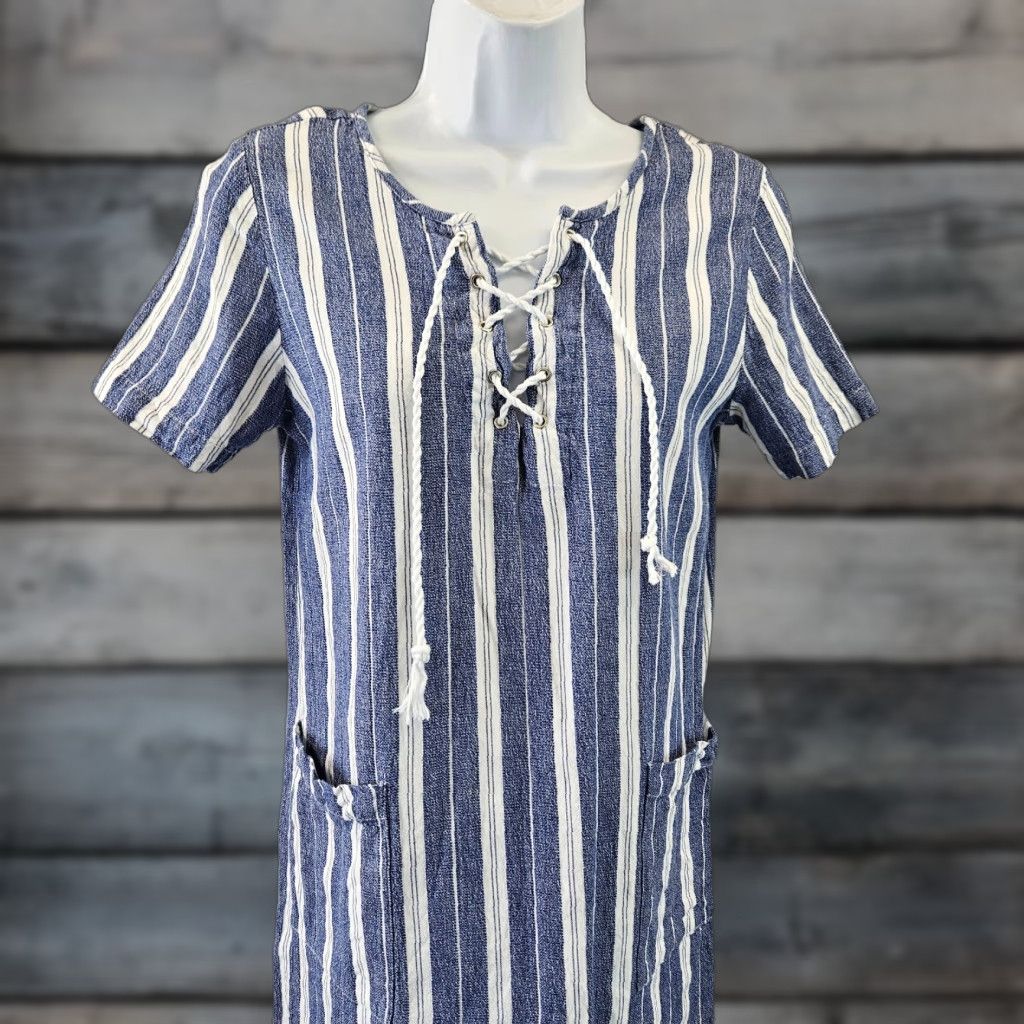 Vintage Mudpie Womens Dress Sz Small Blue White Stripe Short Sleeve Cotton Pockets Dress Size 28" / US 6 / IT 42 - 1 Thumbnail