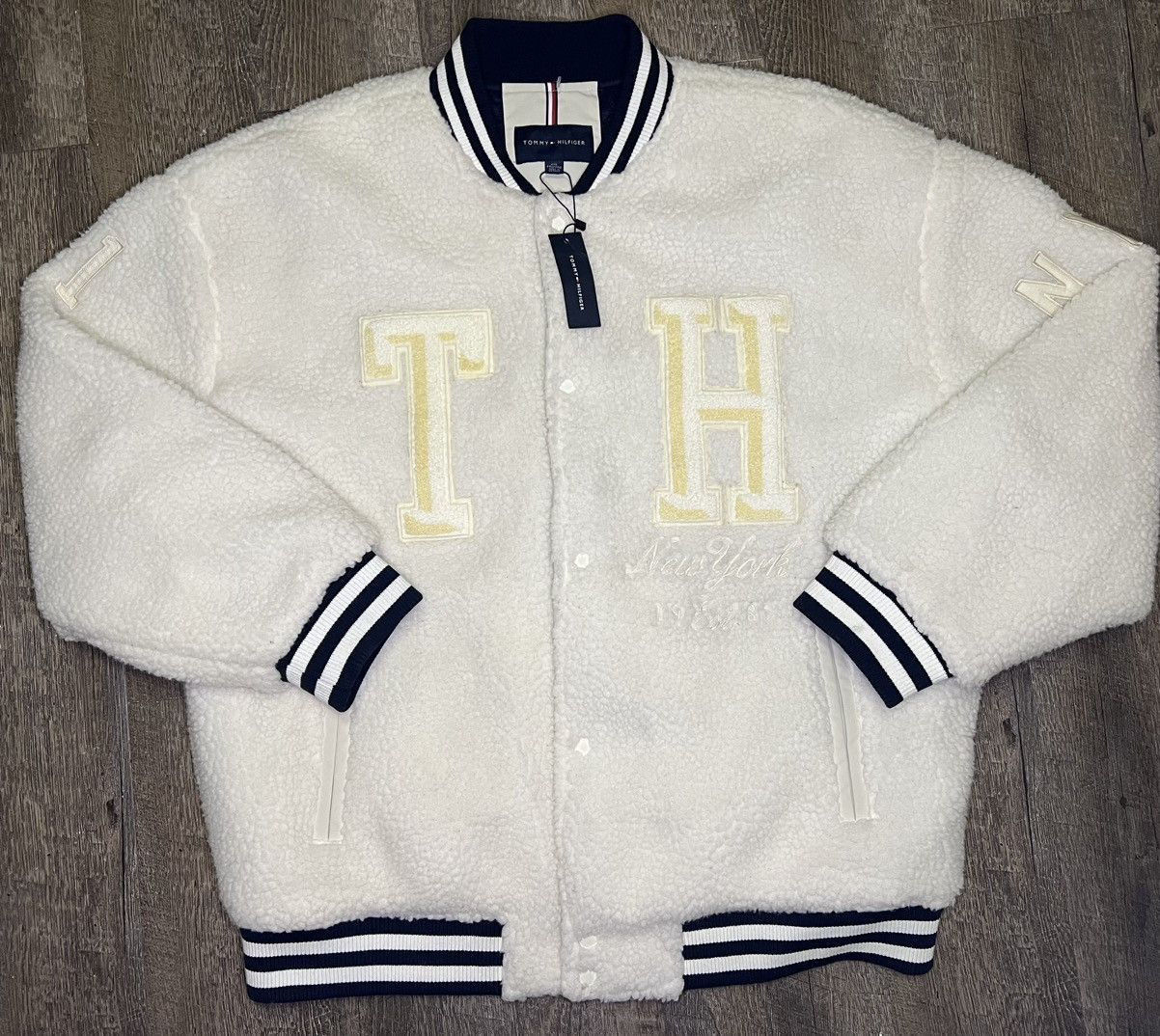 Image of Tommy Hilfiger White Suede Sherpa Letterman Jacket Size 2Xl, Men's