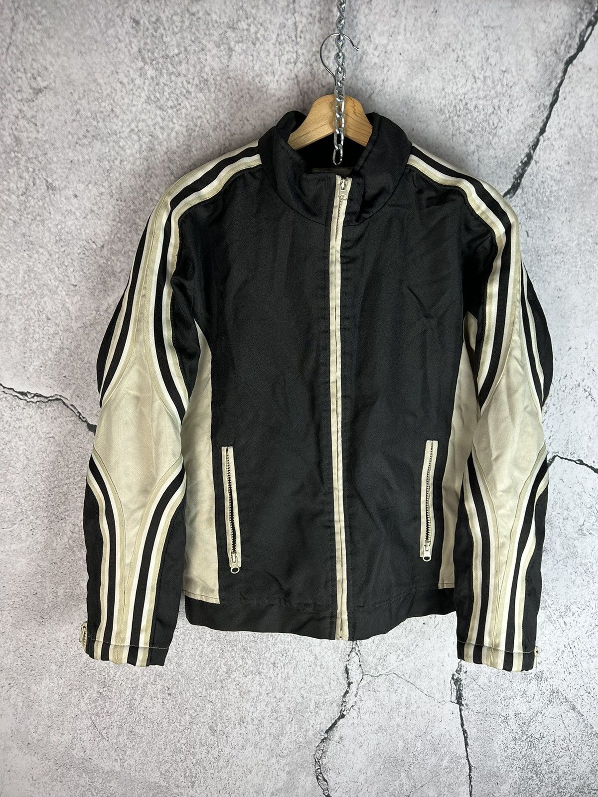 image of Leather Jacket x Racing Vintage Y2K Racing Jacket Zip Biker in Beige Black, Men's (Size Small)