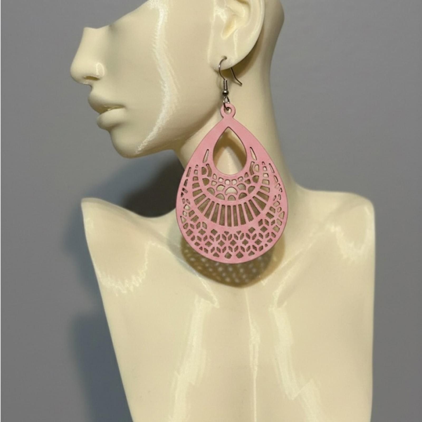 Handmade Light Pink Laser Cut Teardrop Earrings Size ONE SIZE - 1 Thumbnail