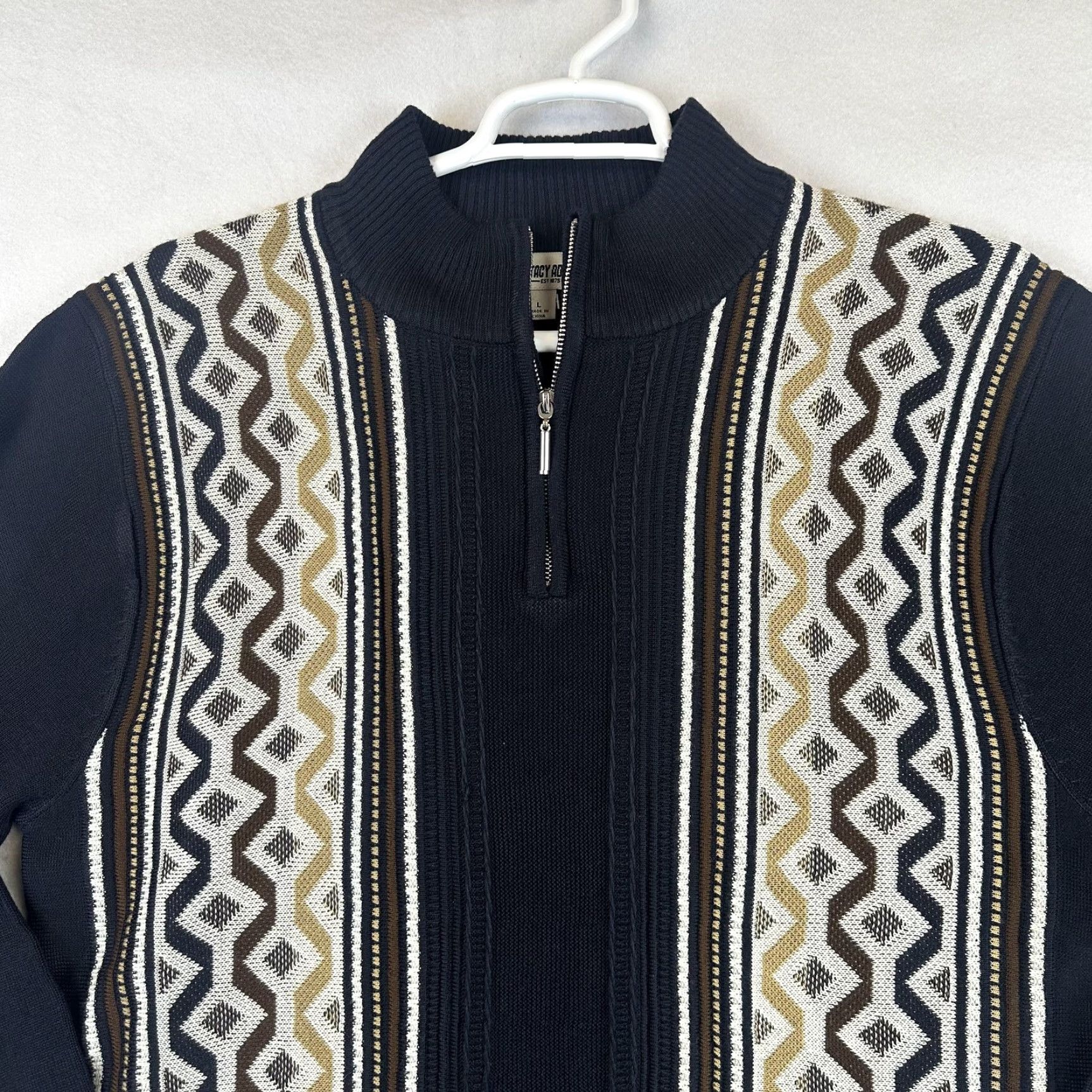 Stacy Adams Stacy Adams Sweater Mens Large Black Geometric Knit Half Zip Mock Neck Pullover - 1/4 Zip, All Seasons Size US L / EU 52-54 / 3 - 3 Thumbnail