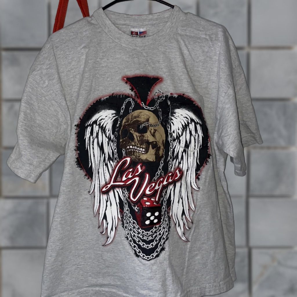 Vintage VINTAGE Las Vegas TShirt Skull and Chians XL Grey Mens Shirt XL Gray Skull Chains Spades 90s? Size US XL / EU 56 / 4 - 1 Thumbnail