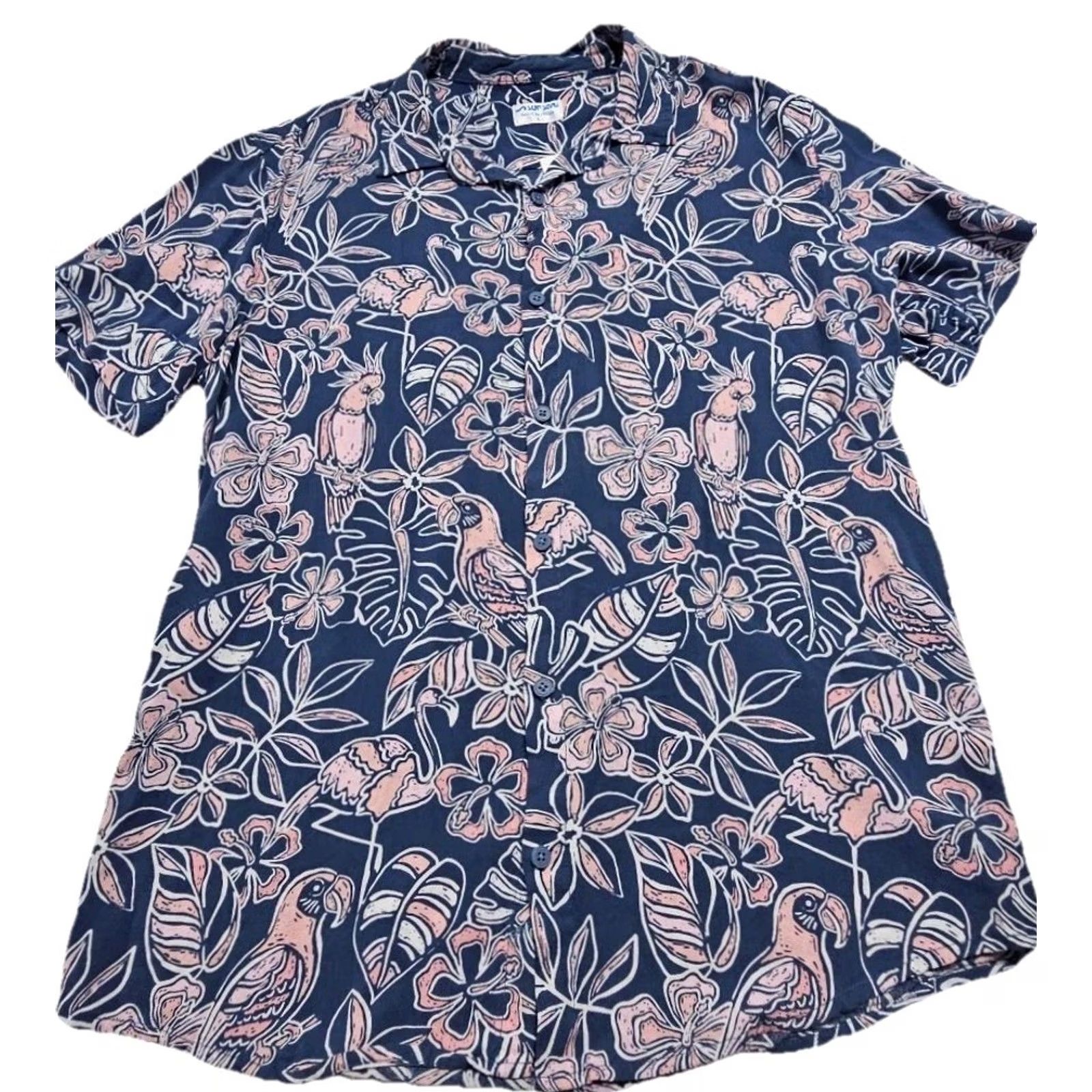 Vintage Surf Style Hawaiian Shirt L Navy Pink Floral Rayon Button Up Aloha Tropical Beach Mens Vintage No Size US L / EU 52-54 / 3 - 2 Thumbnail