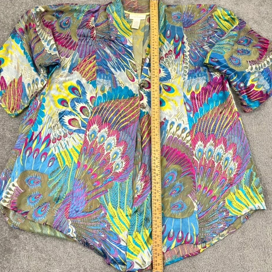 Soft Surroundings Soft Surroundings Silk Blend Kimono Shirt Women M Multicolor Geometric 3/4 Sleeve 90s Viscose Lightweight Cardigan Knitted Sheer Size M / US 6-8 / IT 42-44 - 3 Thumbnail