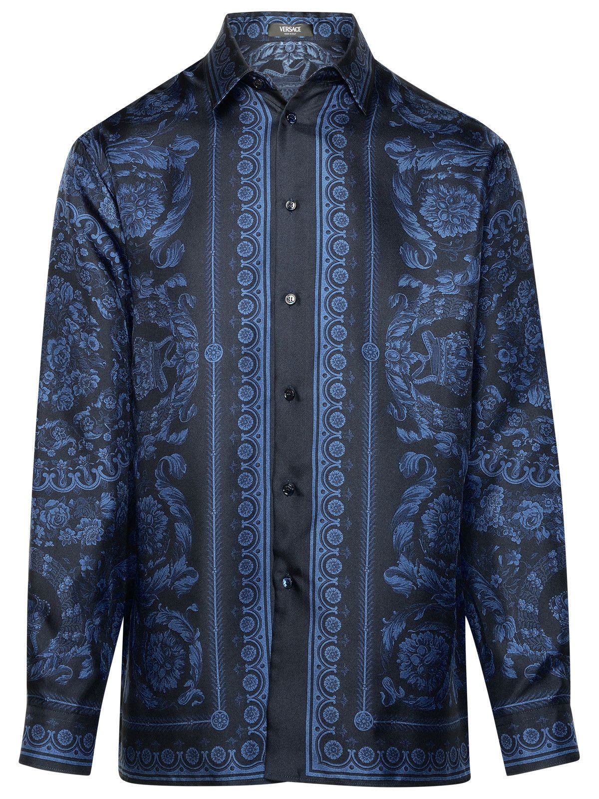 image of Versace 'barocco' Blue Silk Shirt in Navy, Men's (Size XL)