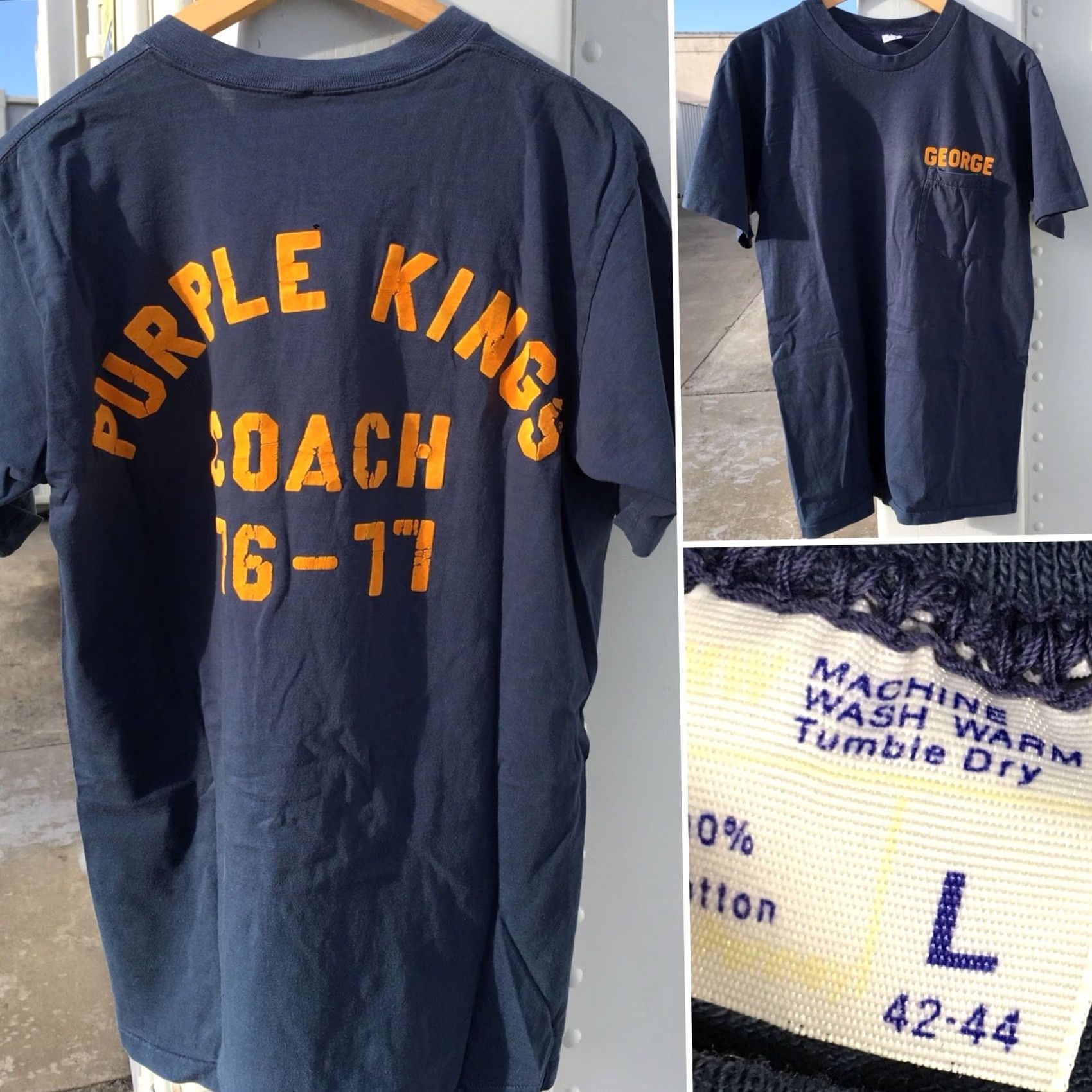 JCPenney VINTAGE GEORGE PURPLE KINGS COACH 76-77 1970s Pocket T Shirt L Blue Mens CK Paint Size US L / EU 52-54 / 3 - 2 Thumbnail