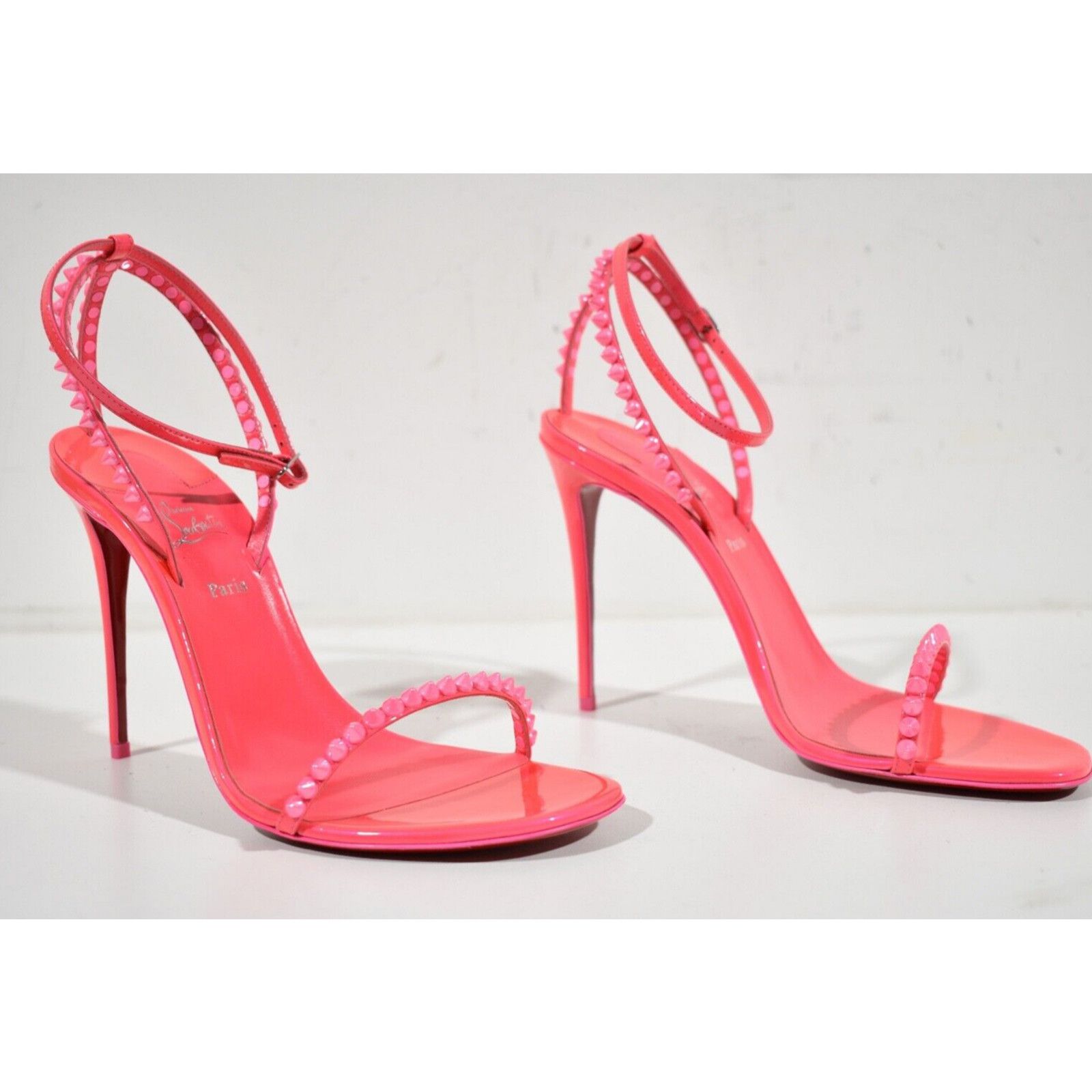 Christian Louboutin So Me 100 Fluo Pink Patent Ankle Strap Sandal Heel Pump 40 Size US 10 / IT 40 - 4 Thumbnail
