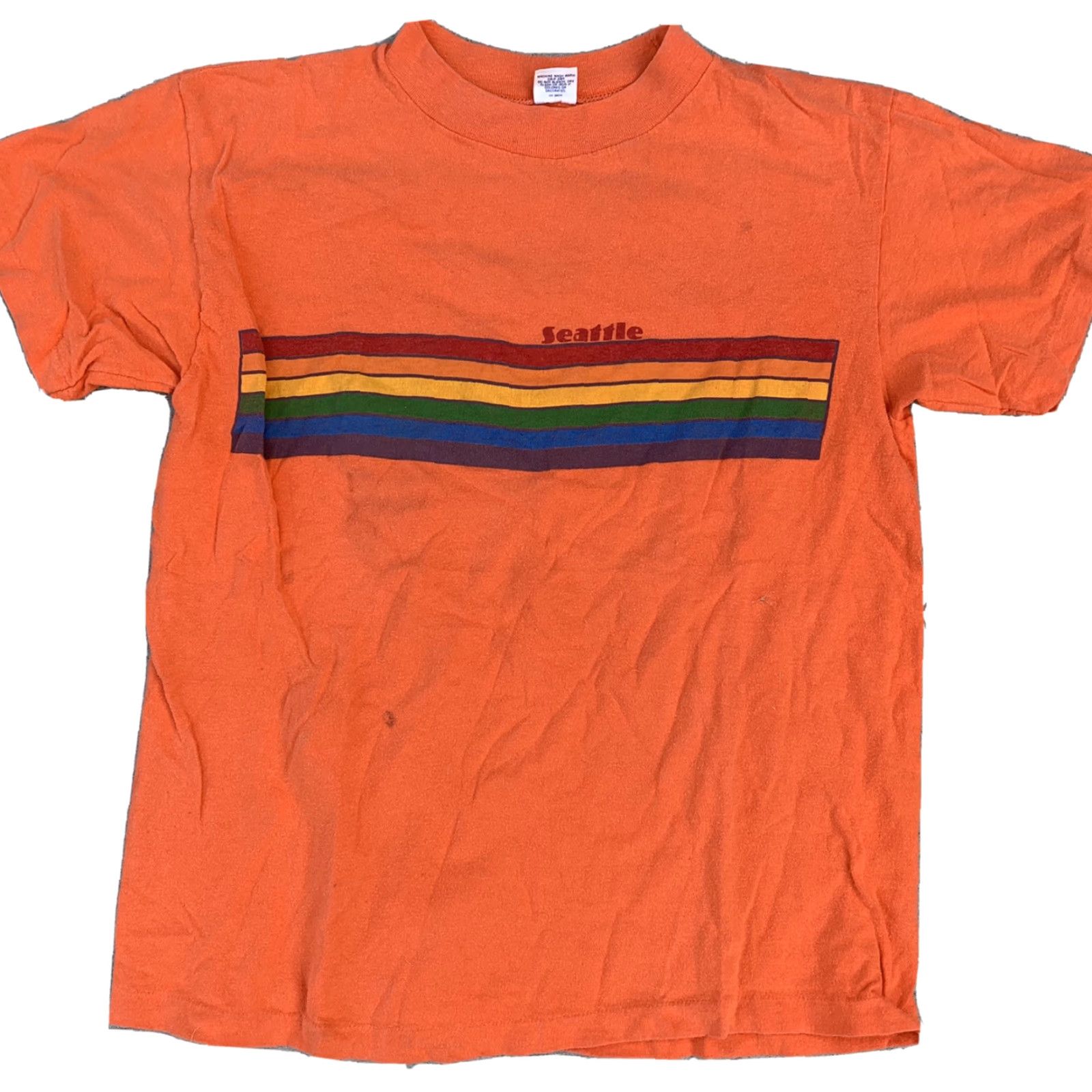 Rainbow Vintage Shoreline Sportswear t-Shirt Seattle rainbow graphics 80s 70s L Unisex Orange Cotton Graphic Tee Shirt Decade 1980s Size US L / EU 52-54 / 3 - 6 Thumbnail