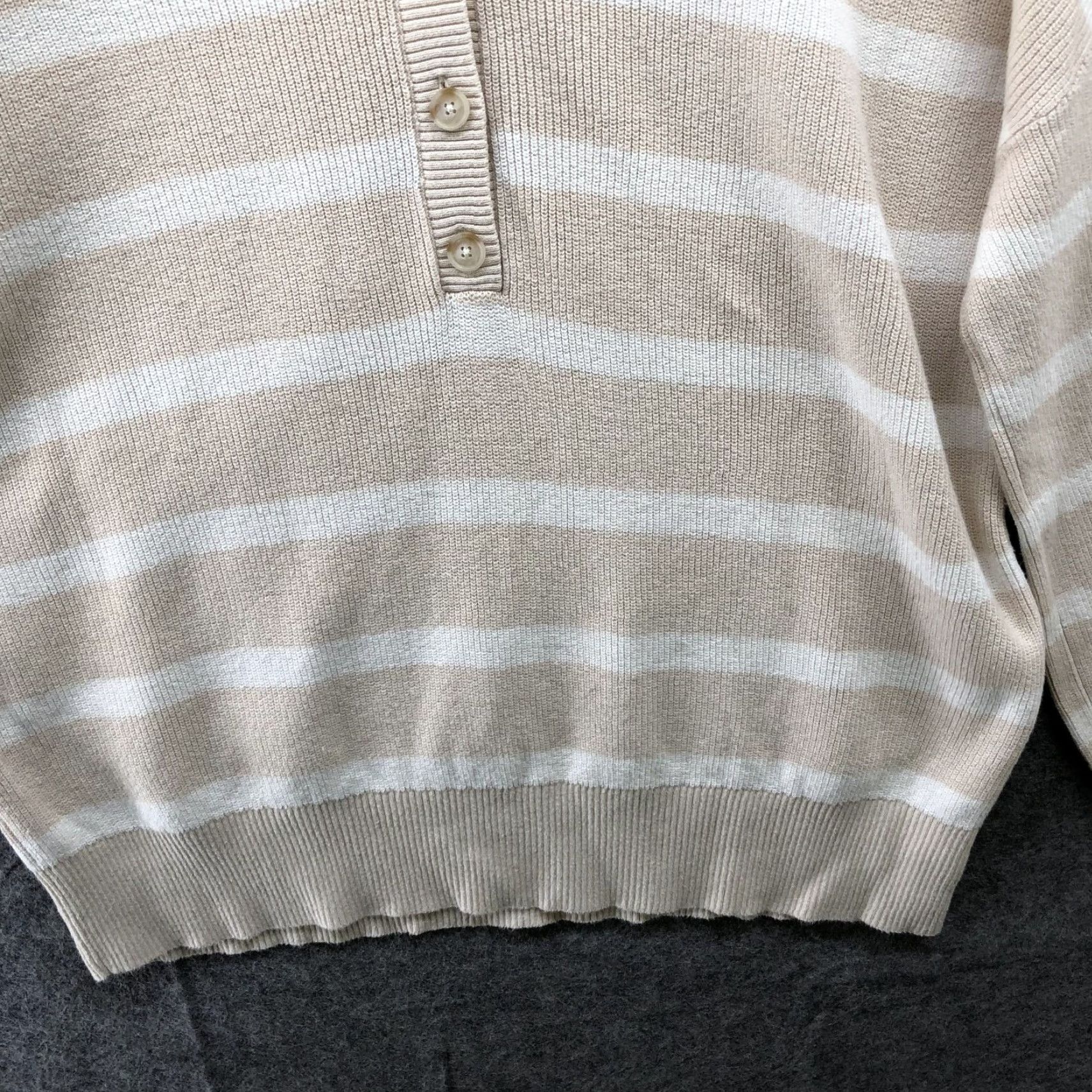 Loft Loft Sweater Womens L 1/4 Button Beige White Striped Cotton Pullover V-Neck Shirt Size L / US 10 / IT 46 - 4 Thumbnail