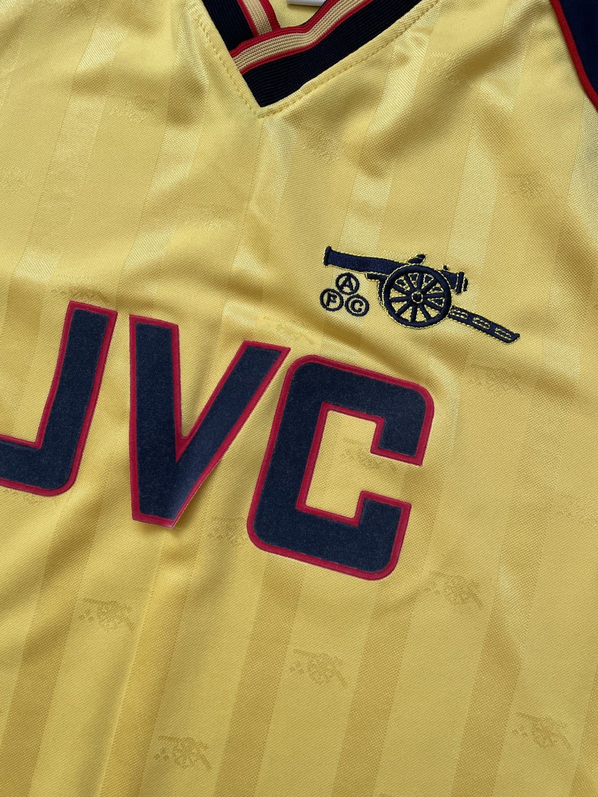 Vintage Arsenal JVC 1988-1989 Away Score Draw Yellow jersey t shirt Size US L / EU 52-54 / 3 - 7 Thumbnail