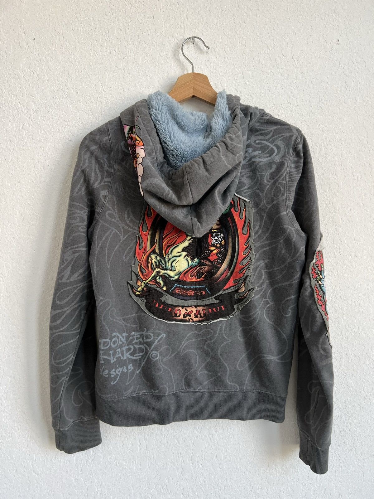 image of Ed Hardy Japanese Inspired Y2K Hoodie in Grey, Women's (Size Medium)