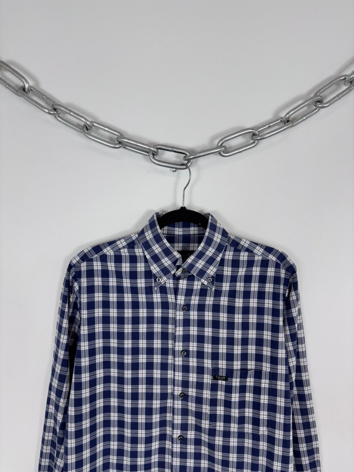 Just Cavalli Just Cavalli Race Men’s Blue Checkered Long Sleeve Shirt Size US M / EU 48-50 / 2 - 2 Thumbnail