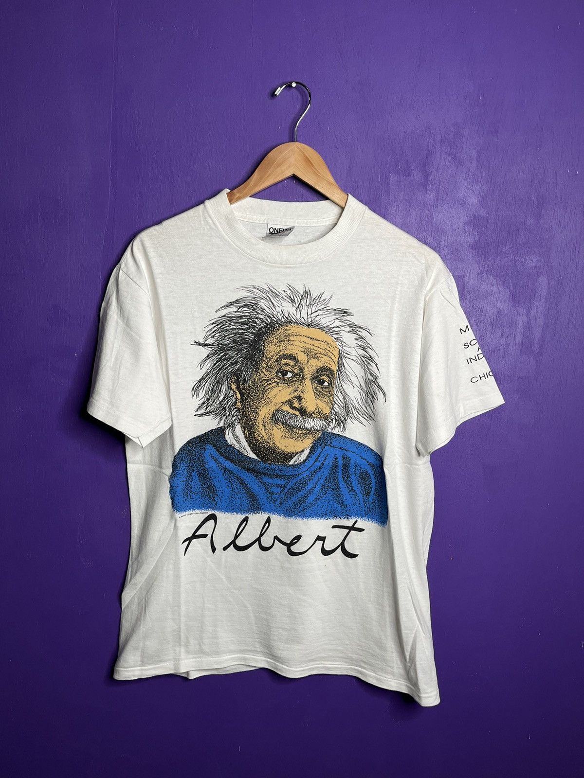 image of Made In USA x Vintage 90's Albert Einstein Chicago Museum Of Science Tee in White (Size Medium)