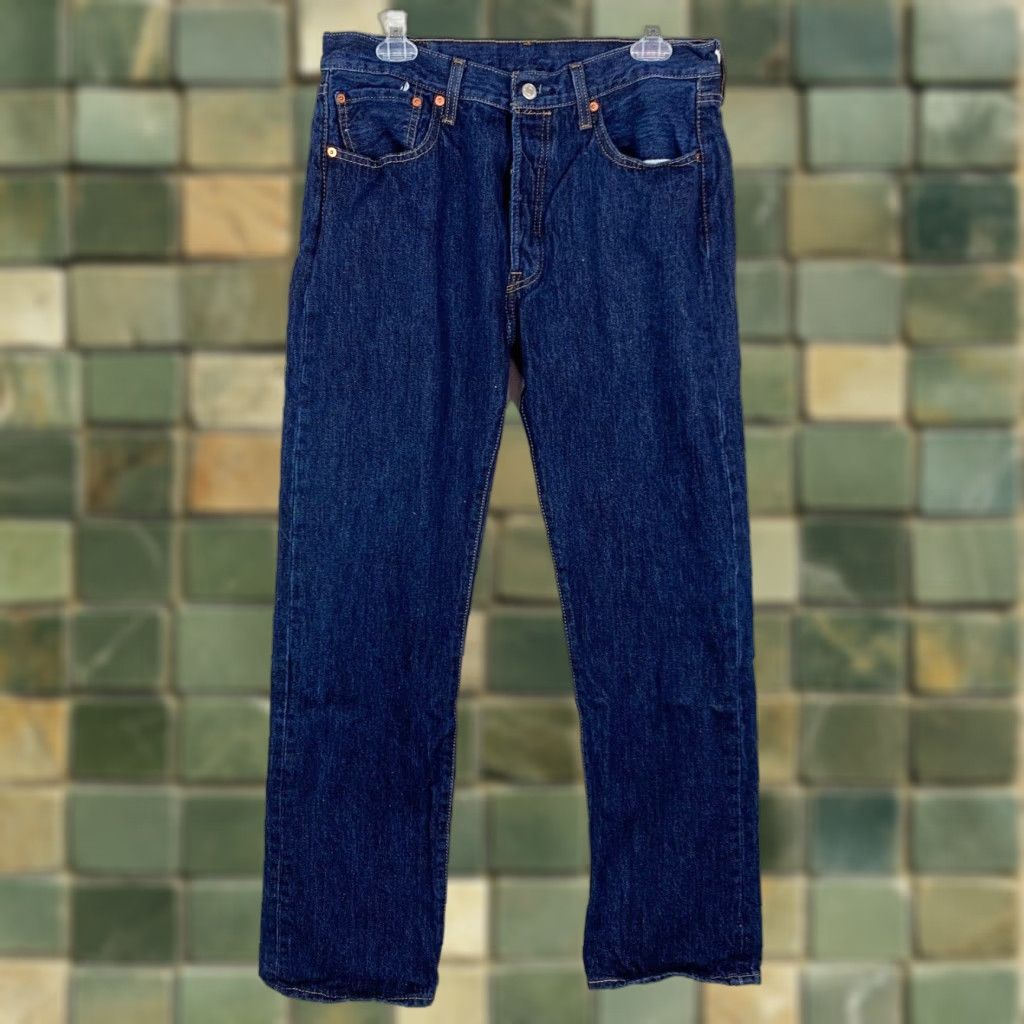 Levi's Levi's 501 Mens Jeans Dark Wash Button Fly 33 x 32 Blue Denim 100% Cotton Regular Inseam 32 Boots Cut Size US 33 - 1 Thumbnail