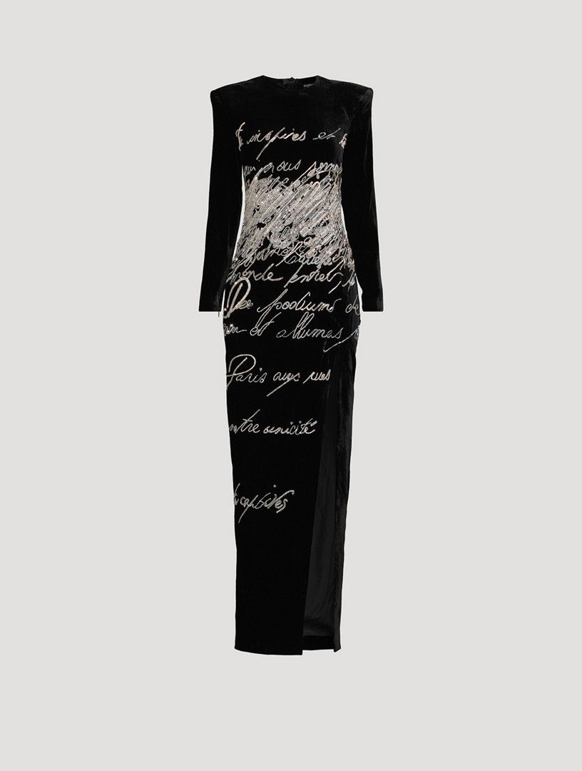 Balmain o1s1wg111225 Lovel Letter Embellished Velvet Gown in Black Size L / US 10 / IT 46 - 1 Thumbnail