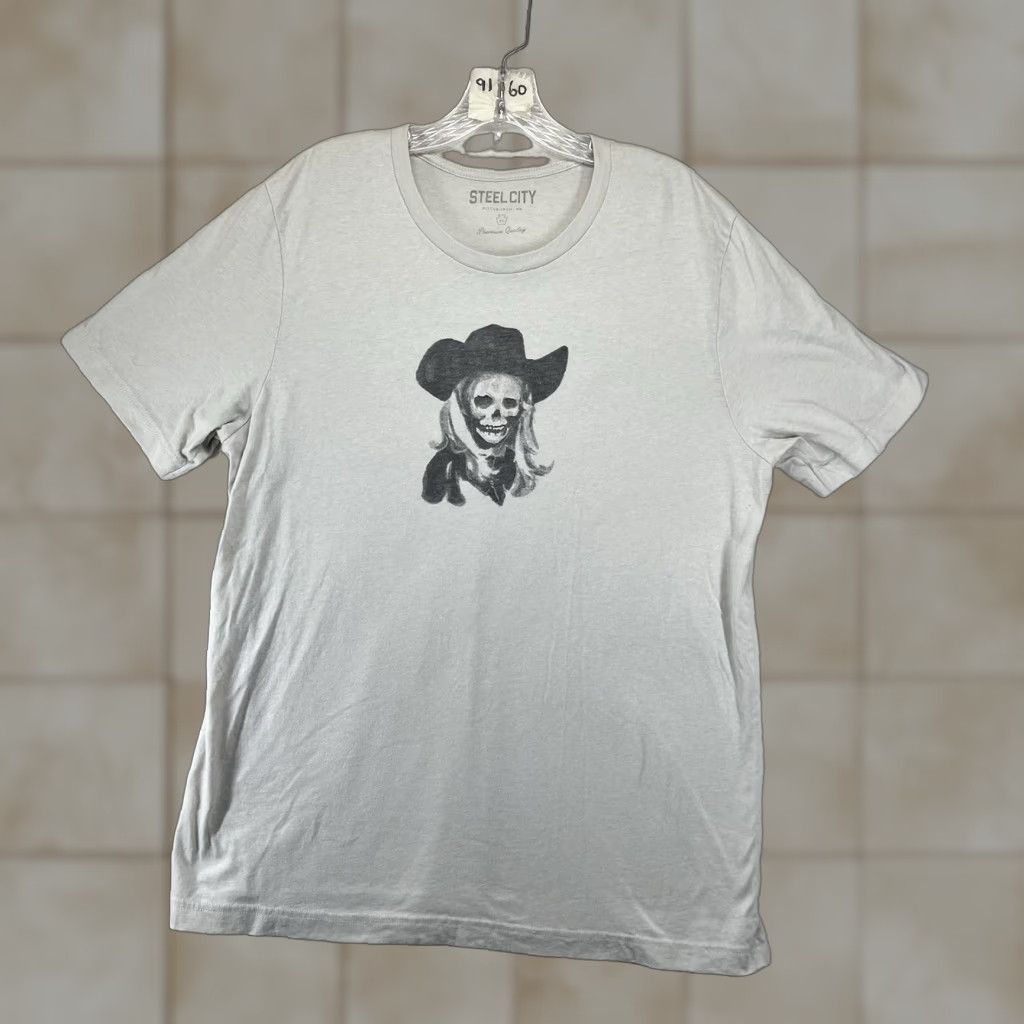 Vintage Mens XL Light Gray Skull Cowgirl Western T Shirt Misfits Horror Art Sketch Retro Graphic Print Size US XL / EU 56 / 4 - 1 Thumbnail