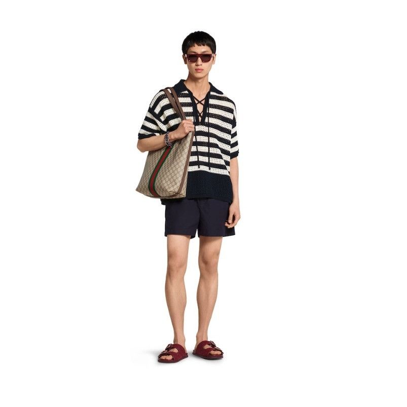 Gucci o1la5ras0426 Striped Cotton Knit Polo Shirt in White/Dark Size US L / EU 52-54 / 3 - 2 Thumbnail