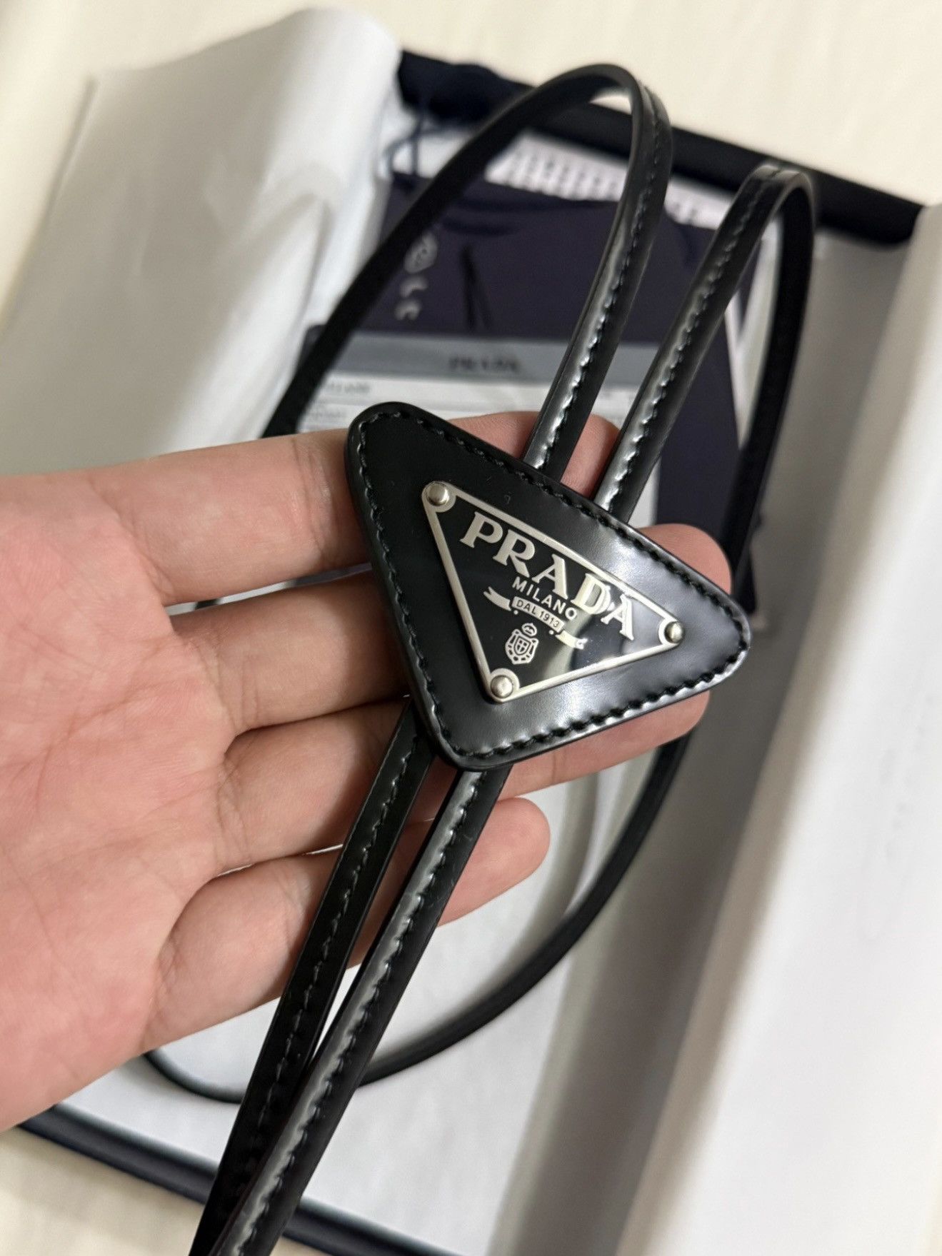 Prada Prada Logo Embellished Glossy Leather Bolo Tie Size ONE SIZE - 2 Thumbnail