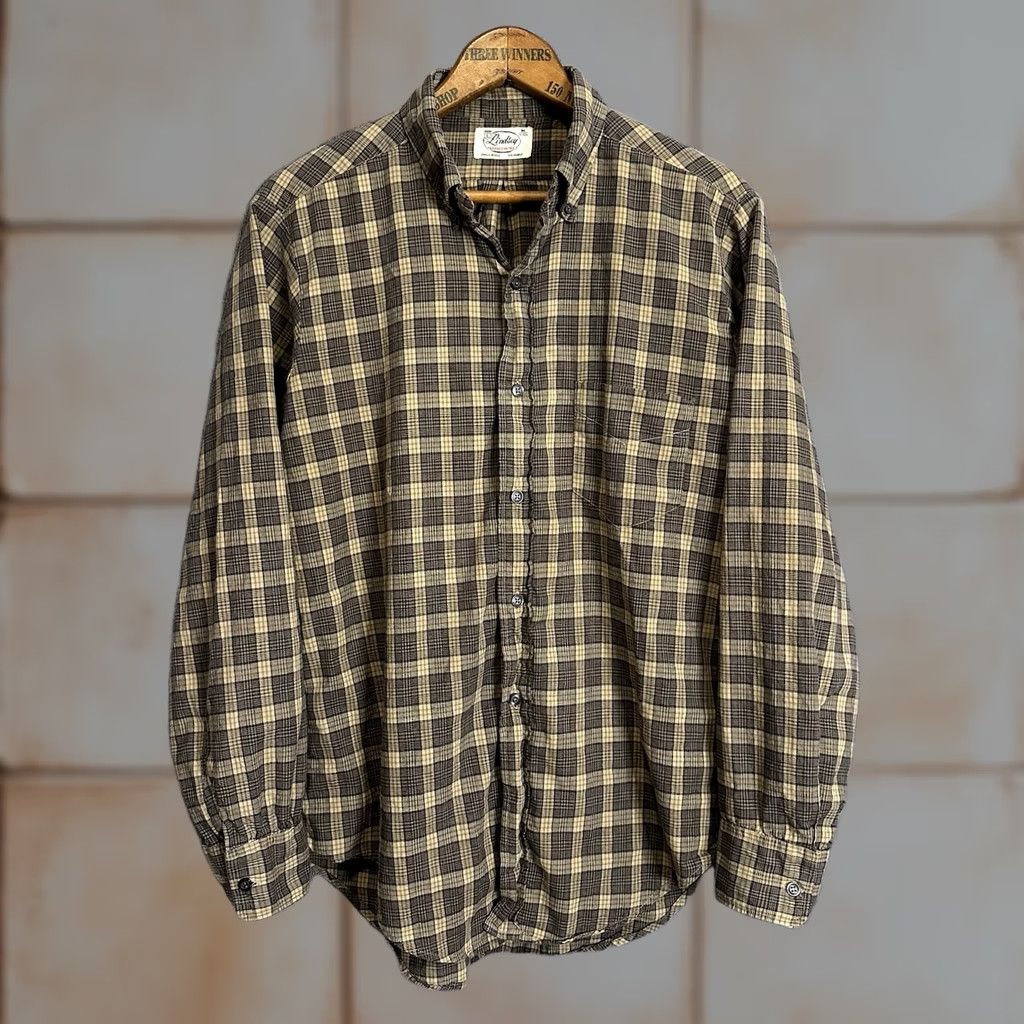 Vintage VINTAGE Lindsey Tapered Tails Single Needle Men's Plaid L/S Button Shirt Size M Brown Cotton Size US M / EU 48-50 / 2 - 1 Thumbnail