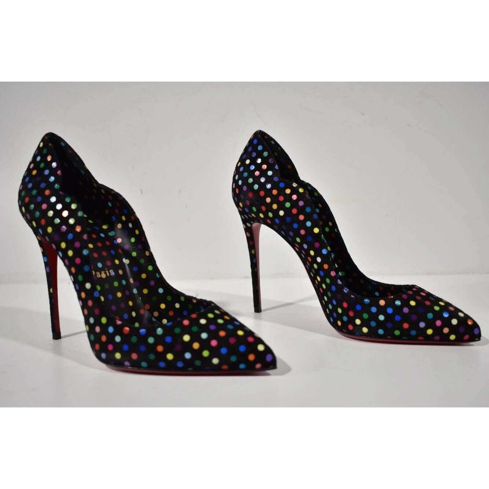 Christian Louboutin Hot Chick 100 Black Suede Multicolor Polka Dot Heel Pump 37 Size US 7 / IT 37 - 4 Thumbnail
