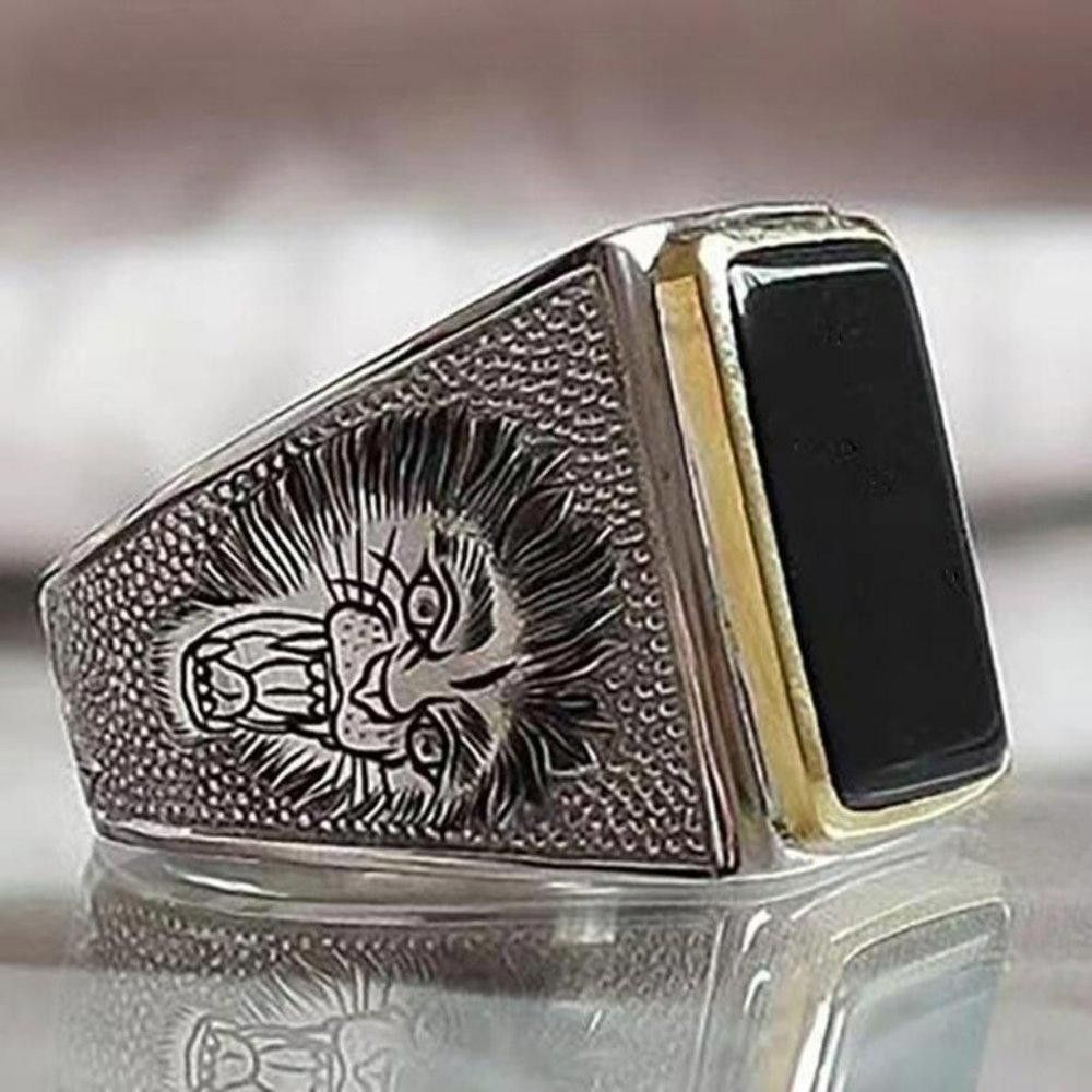 Designer Men's Retro Lion Black Square Onyx Silver Ring - Size 9 Size ONE SIZE - 2 Thumbnail