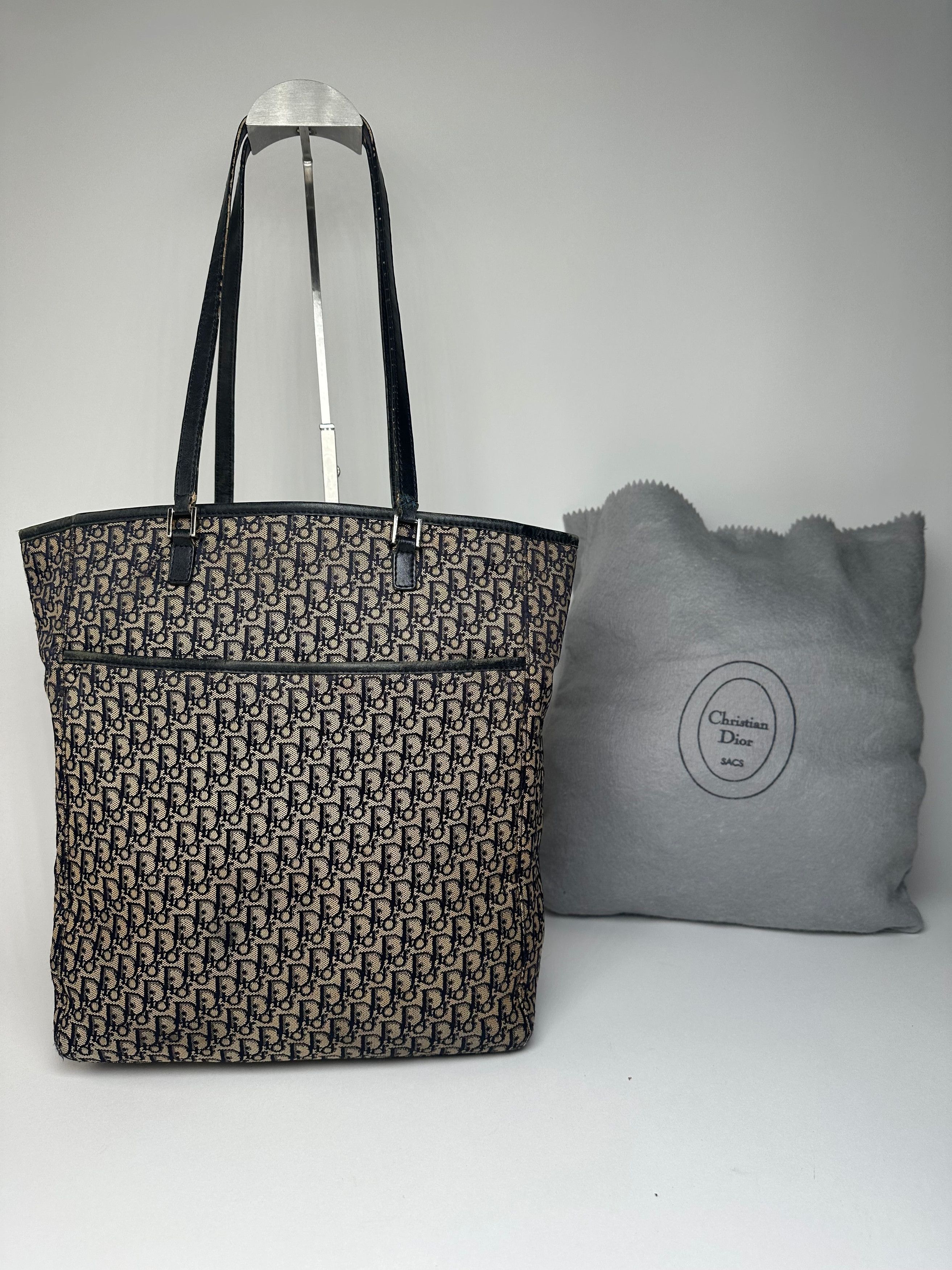 Dior Vintage Oblique Monogram Canvas Leather Tote Bag Beige Navy Size ONE SIZE - 1 Thumbnail