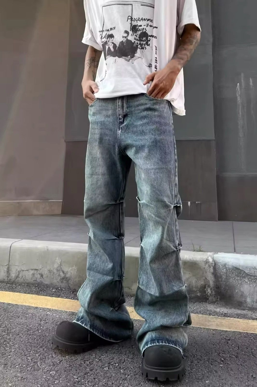 Japanese Brand × Jean Pleated Pattern Micro Flared Jeans Size US 31 - 3 Thumbnail