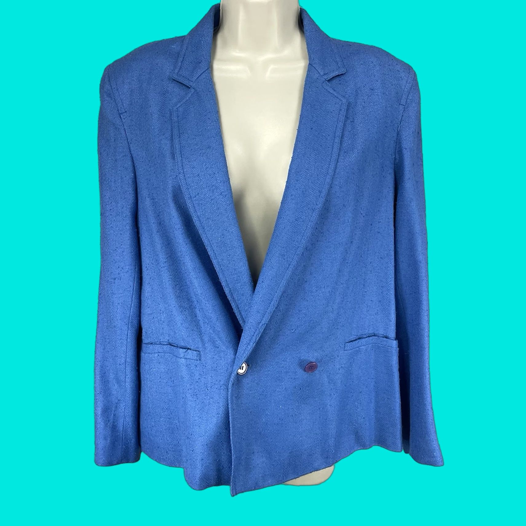 VINTAGE Alicia Blazer Shirt 12 Blue 100% Silk Herringbone Double-Breasted Notch Lapel Long Sleeve 2-Button Women Adult Womens