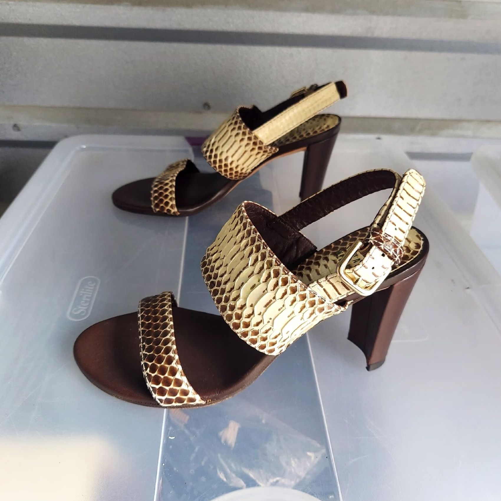 Stuart Weitzman Stuart Weitzman Snake Print Leather Chunky Heels Sandals Size 5.5 M Women Leather Slingback Beige Brown, Straps, High Heel, Vintage No Size US 6 / IT 36 - 7 Thumbnail
