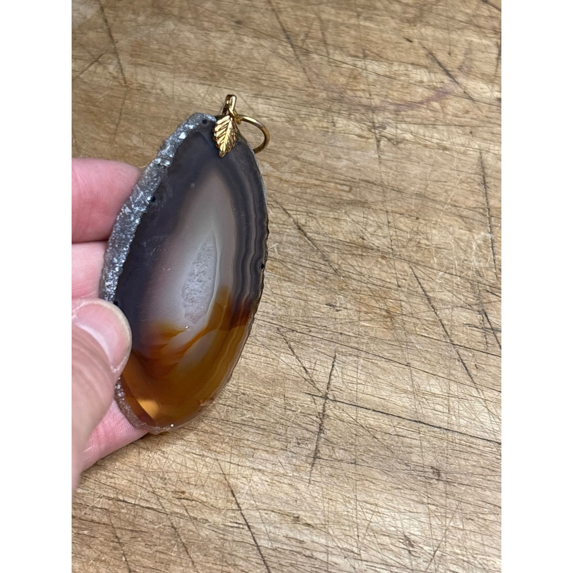 Other Natural Agate Slice Pendant With Gold Leaf Charm Size ONE SIZE - 3 Thumbnail