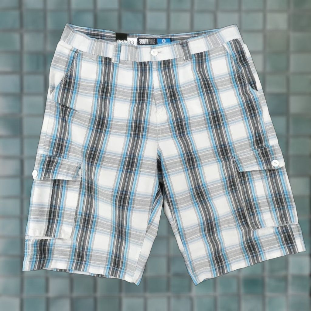 Southpole Southpole Shorts Mens 38 Cargo Flat Front Blue Black White Plaid Size US 38 / EU 54 - 1 Thumbnail
