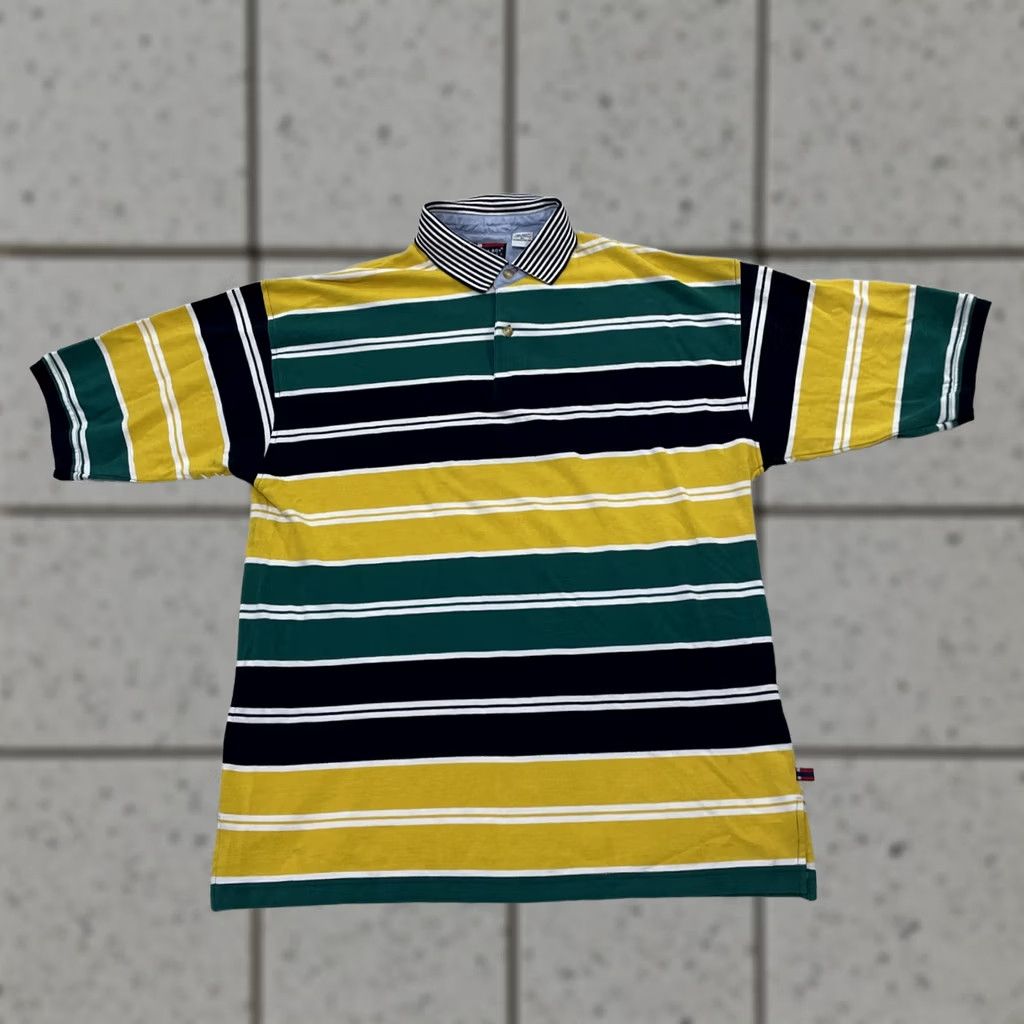 Bugle Boy VINTAGE Bugle Boy Polo Shirt Men XL Striped Green Yellow Blue Casual Streetwear 90s Grunge Stain Size US XL / EU 56 / 4 - 1 Thumbnail
