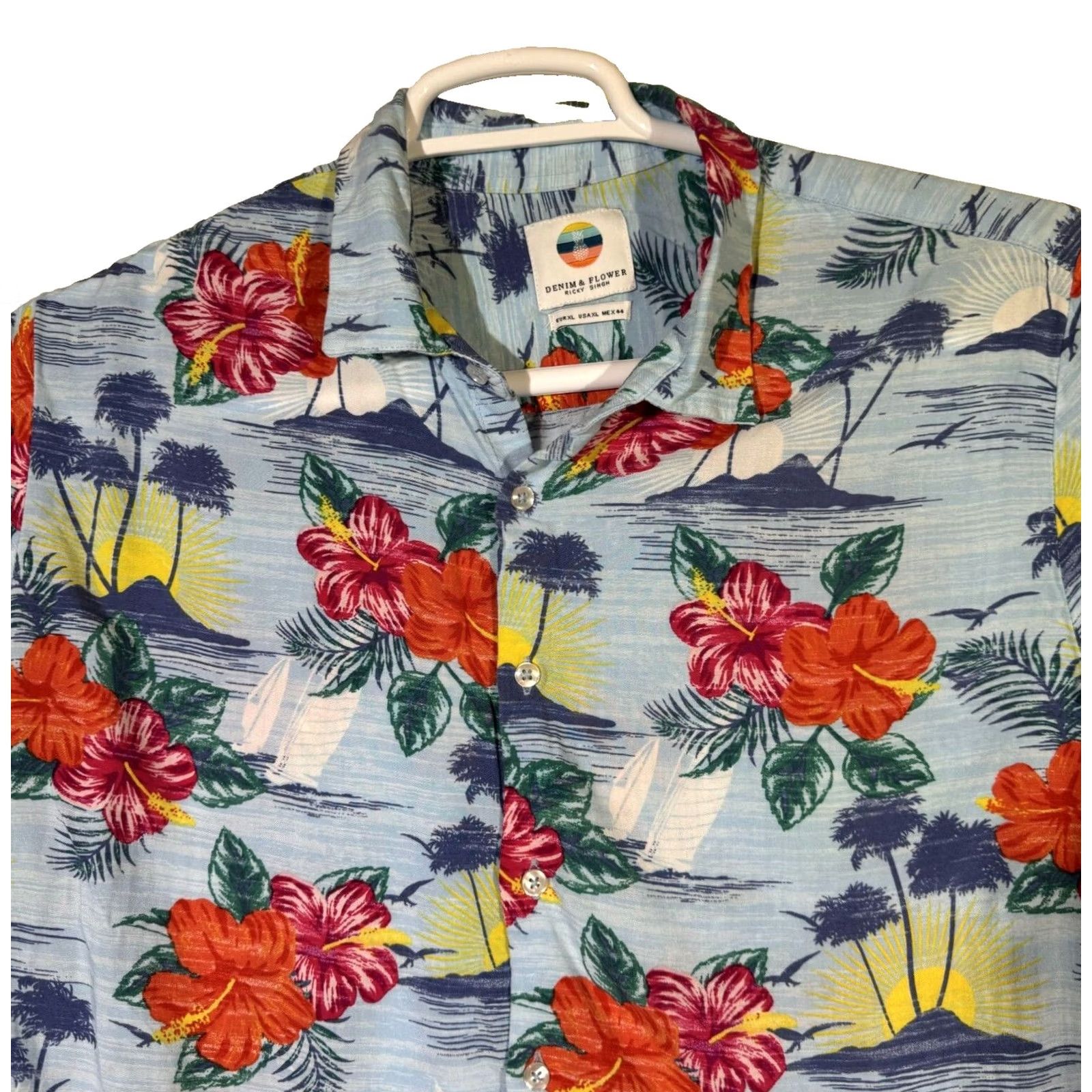 Denime Denim & Flower Shirt Men's XL Hawaiian Multicolor Floral Short Sleeve Cotton Button-Up Casual Size US XL / EU 56 / 4 - 5 Thumbnail