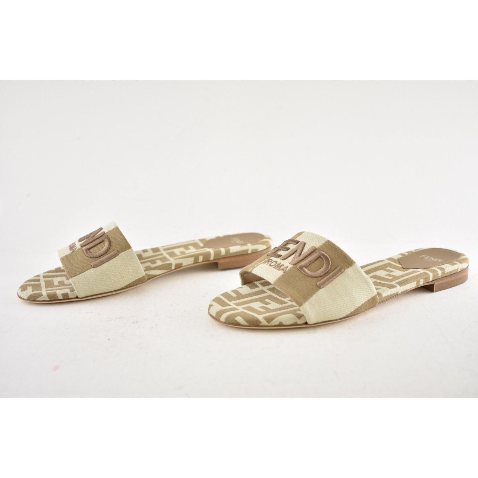 Fendi Fendi Beige Sand Striped FF Monogram Logo Mule Slide Flat Size US 8 / IT 38 - 13 Thumbnail