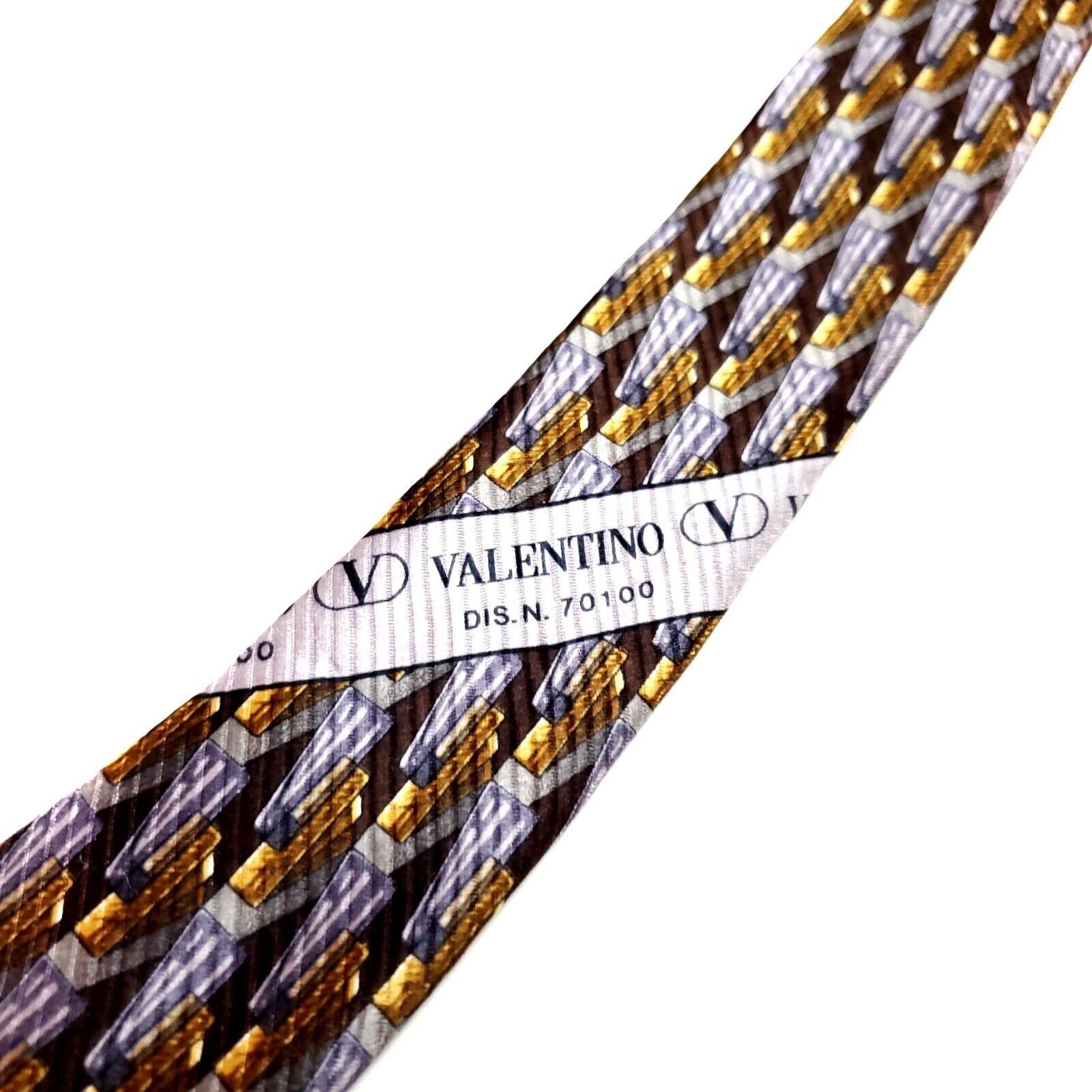 Valentino Valentino Grey & Gold Silk Tie Woven Short Wide Motif Satin Size ONE SIZE - 3 Thumbnail