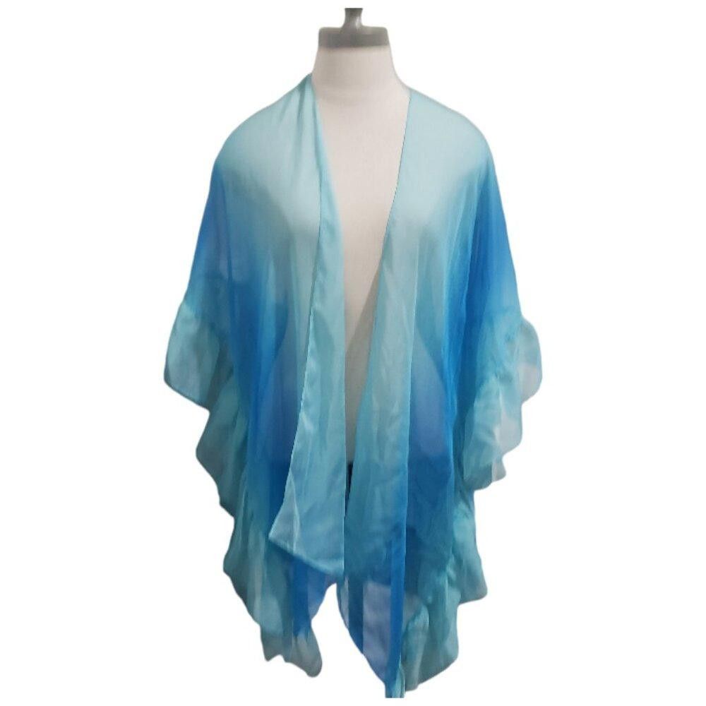 Designer CT1843 Sheer Aqua & Turquoisr Ruffle Trim Cover up OS Size ONE SIZE - 1 Thumbnail