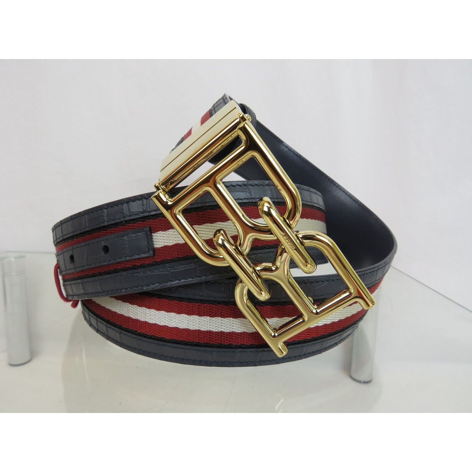 Bally B CHAIN BUCKLE ADJUSTABLE BLUE CROC LEATHER WEB BELT 110 44 Size 44 - 12 Thumbnail