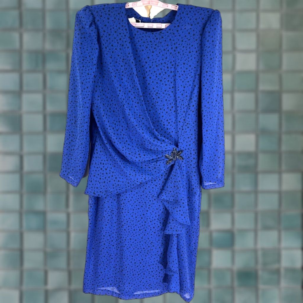 Vintage Alison Peters Floral Print Wrap Dress SZ 15/16 Royal Blue USA Made