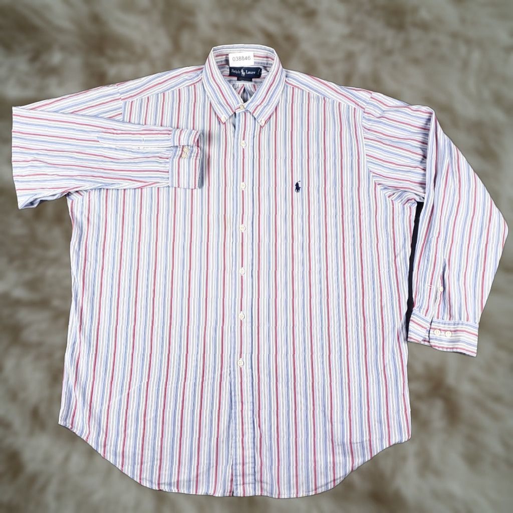 Ralph Lauren Ralph Lauren Dress Shirt Mens 17 Blue Red Striped Long Sleeve Button Down Classic Size 46R - 1 Thumbnail