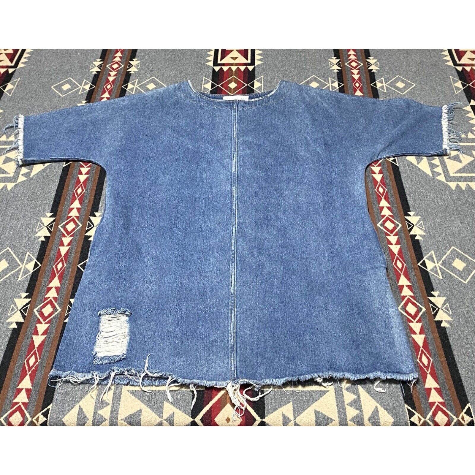 image of Robert Rodriguez Short Sleeve Denim Distressed Dress Womens Size M Blue Hc in White