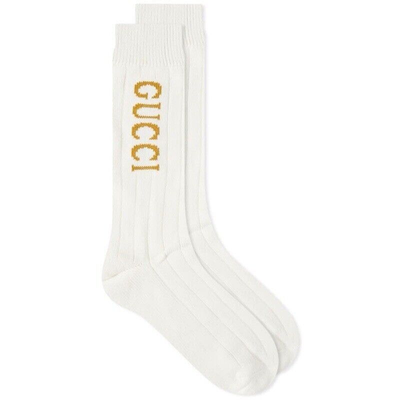 Gucci NEW Gucci Logo Socks Unisex White Wool 100% Authentic Gold S Size ONE SIZE - 1 Thumbnail