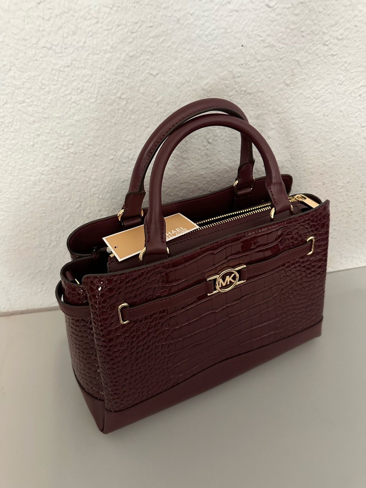 Michael Kors Reed Large Croc-Embossed Leather Belted Satchel Oxblood Size ONE SIZE - 19 Thumbnail