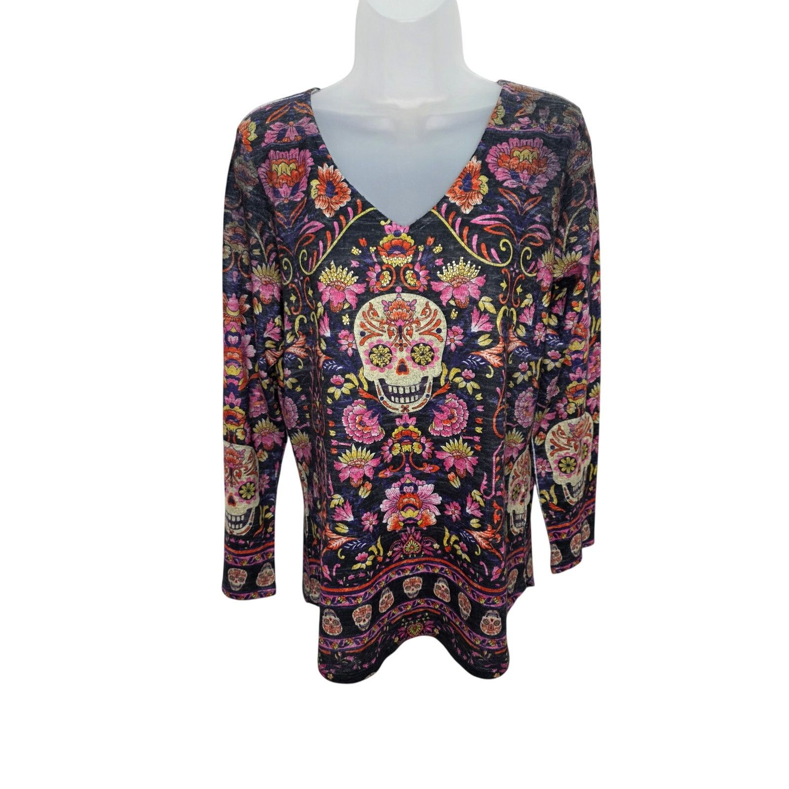 Other Women's Sugar Skull Floral Gold Rhinestone Tunic Top M Size M / US 6-8 / IT 42-44 - 1 Thumbnail