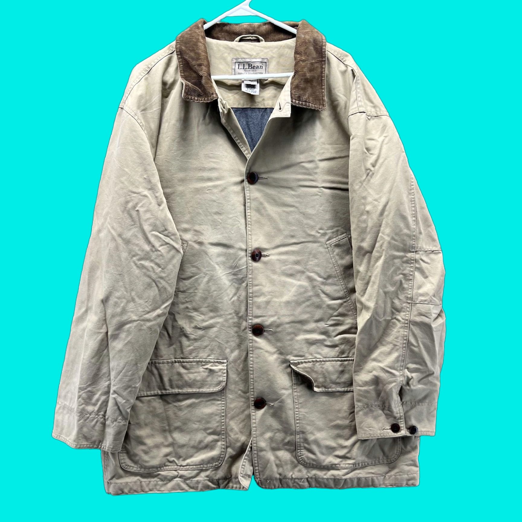 Vintage L.L.Bean Coat Mens XLT Beige Canvas Field Barn Corduroy Collar Lined Workwear Size US XL / EU 56 / 4 - 1 Thumbnail