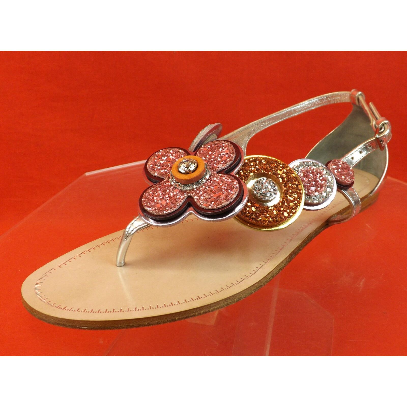 Miu Miu SILVER LEATHER GLITTER FLOWERS THONG FLATS SANDALS 39.5 Size US 9.5 / IT 39.5 - 4 Thumbnail