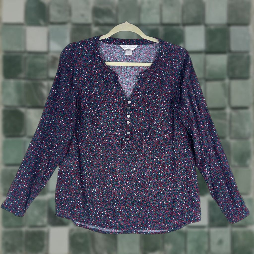 Vintage Christopher & Banks Top Womens Small Blue Dot Print Long Sleeve V-Neck Shirt Size S / US 4 / IT 40 - 1 Thumbnail