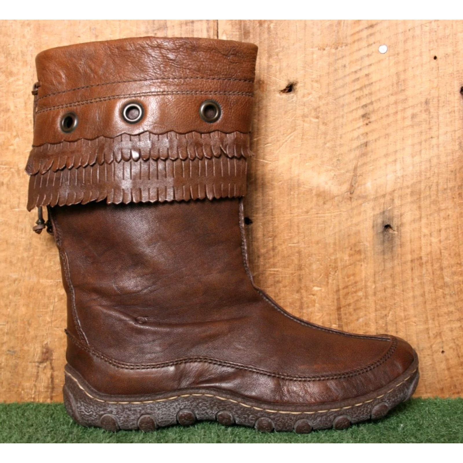 Born BORN Brown Leather Grommet Scallop Fringed Mid-Calf Boots Sz. 6.5 Women Military/Moccasin Style Shoes? Size US 7 / IT 37 - 2 Thumbnail