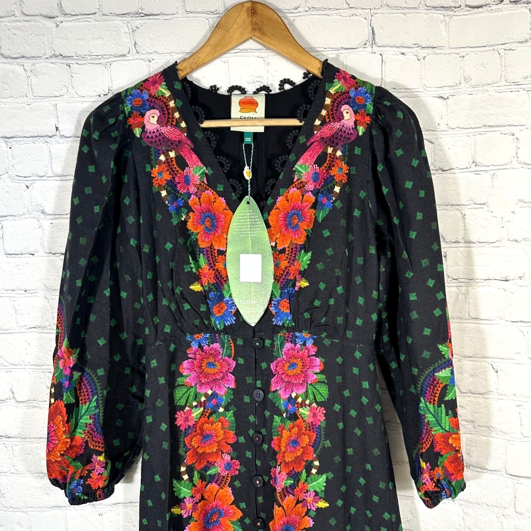 Farm Rio Farm Rio Dress Blooming Garden Black Floral Midi NWT V-Neck Puff Sleeve Button-Down A-Line Linen Viscose multicolor 2XS Womens Size XXS / US 00 / IT 34 - 2 Thumbnail